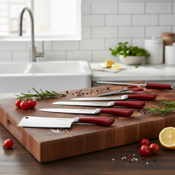 Комплект ножове 8 части със стойка Cheffinger – неръждаема стомана, въртяща се акрилна поставка 360°