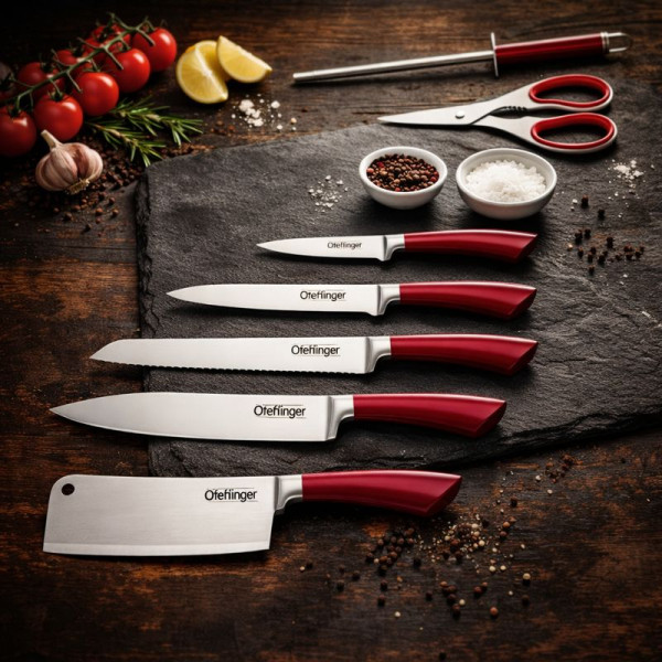 Комплект ножове 8 части със стойка Cheffinger – неръждаема стомана, въртяща се акрилна поставка 360° 3