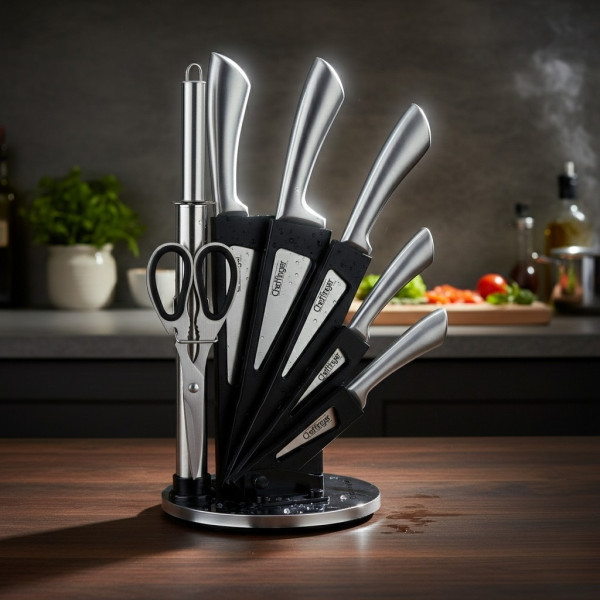 Комплект ножове 8 части със стойка Cheffinger – неръждаема стомана, въртяща се акрилна поставка 360°