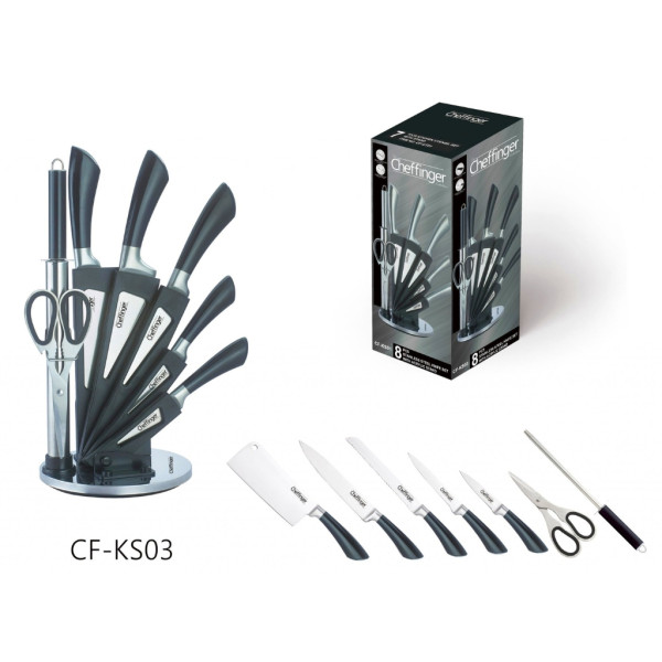 Комплект ножове 8 части със стойка Cheffinger – неръждаема стомана, въртяща се акрилна поставка 360° 8