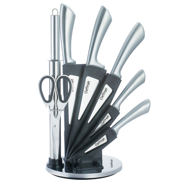 Комплект ножове 8 части със стойка Cheffinger – неръждаема стомана, въртяща се акрилна поставка 360° 9