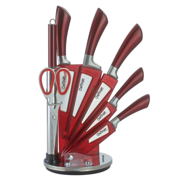 Комплект ножове 8 части със стойка Cheffinger – неръждаема стомана, въртяща се акрилна поставка 360°