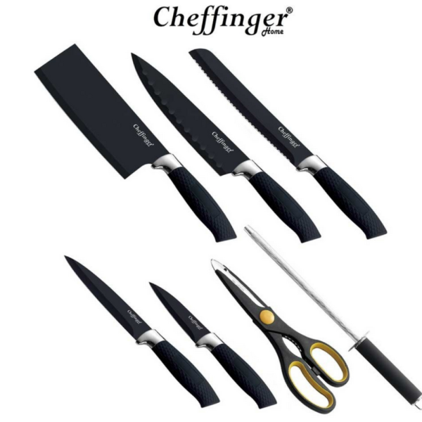 Комплект ножове Cheffinger – 8 части със стойка, точило и ножица за подредена и удобна кухня