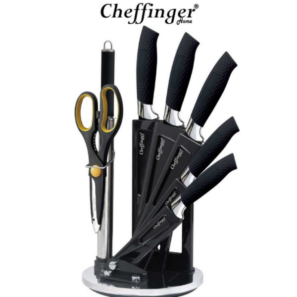 Комплект ножове Cheffinger – 8 части със стойка, точило и ножица за подредена и удобна кухня