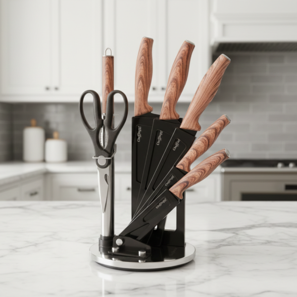 Комплект ножове Cheffinger – 8 части със стойка, точило и ножица за подредена и удобна кухня
