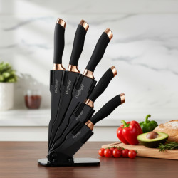 Комплект ножове Cheffinger – 6 части със стойка, неръждаема стомана, черно-златен дизайн