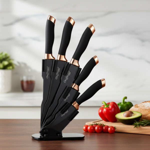 Комплект ножове Cheffinger – 6 части със стойка, неръждаема стомана, черно-златен дизайн