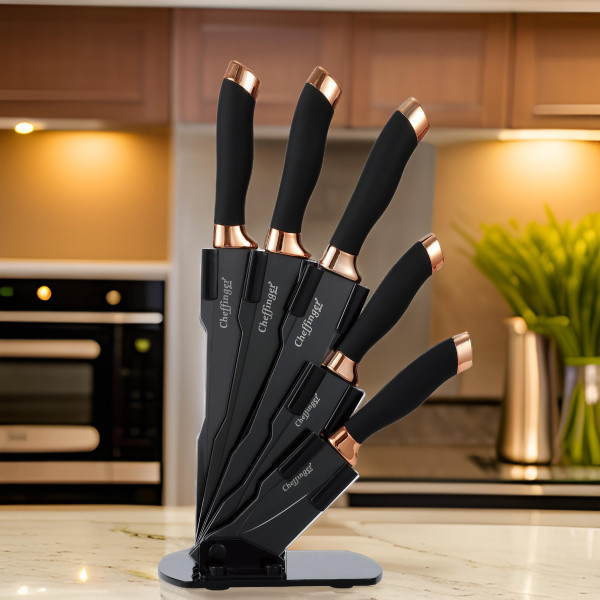 Комплект ножове Cheffinger – 6 части със стойка, неръждаема стомана, черно-златен дизайн 2
