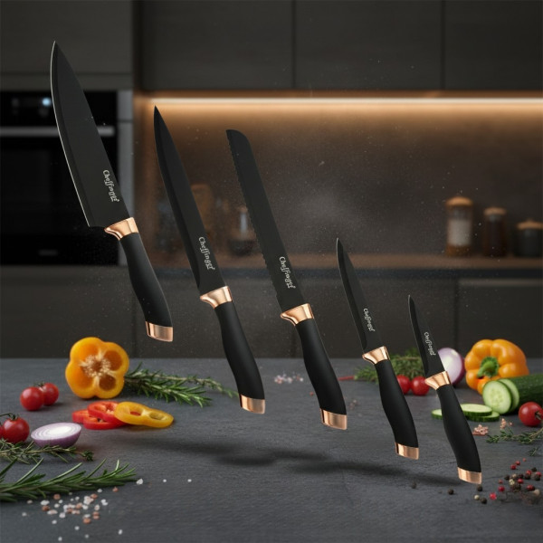 Комплект ножове Cheffinger – 6 части със стойка, неръждаема стомана, черно-златен дизайн 3