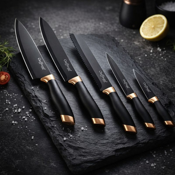 Комплект ножове Cheffinger – 6 части със стойка, неръждаема стомана, черно-златен дизайн 4