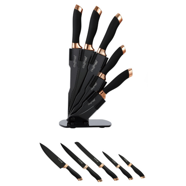 Комплект ножове Cheffinger – 6 части със стойка, неръждаема стомана, черно-златен дизайн 6