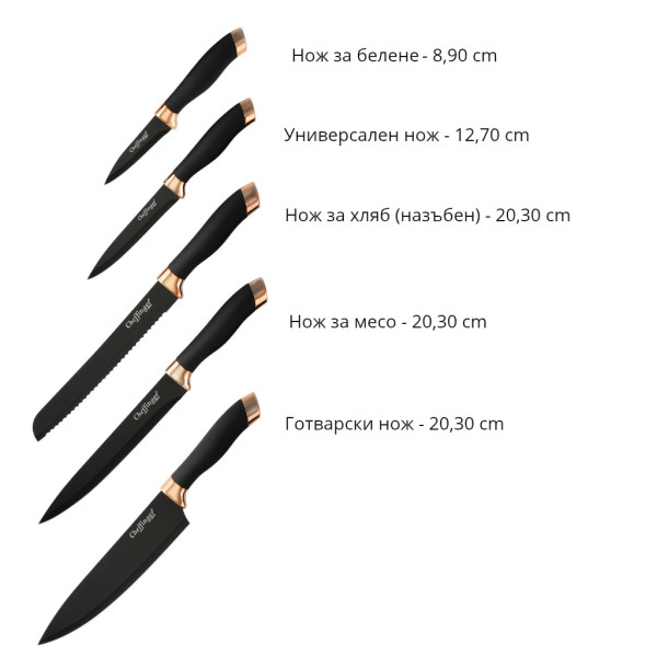 Комплект ножове Cheffinger – 6 части със стойка, неръждаема стомана, черно-златен дизайн