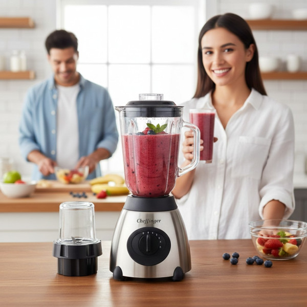 Блендер Cheffinger 1000 W – 1,5 л стъклена кана, мелачка 100 мл, корпус от неръждаема стомана 1