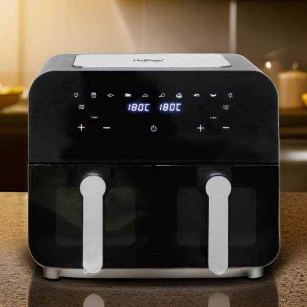 Двоен фритюрник с горещ въздух Cheffinger 9 л  с дигитален дисплей, стъклен прозорец и 360° циркулация