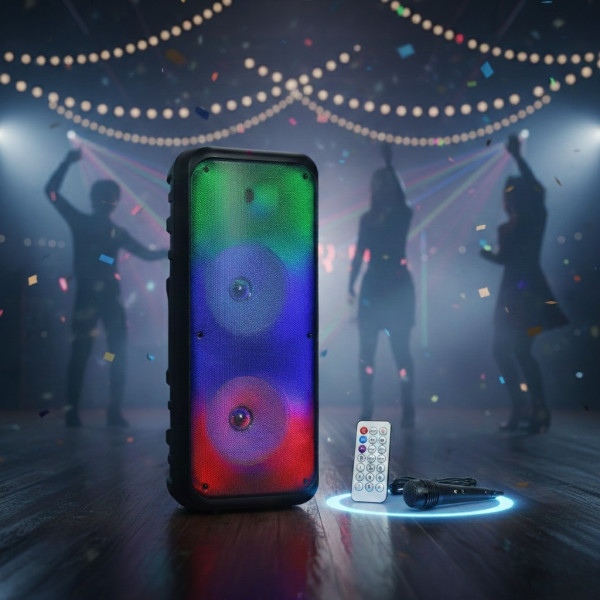 Безжична RGB тонколона – 2×8″ говорителя, Bluetooth, 1200 W, батерия 3000 mAh 1