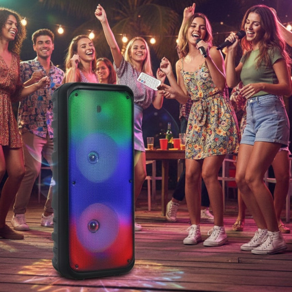Безжична RGB тонколона – 2×8″ говорителя, Bluetooth, 1200 W, батерия 3000 mAh 3