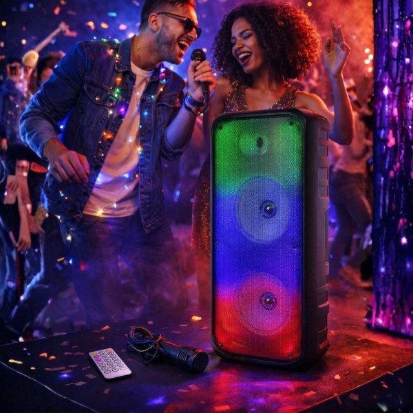 Безжична RGB тонколона – 2×8″ говорителя, Bluetooth, 1200 W, батерия 3000 mAh