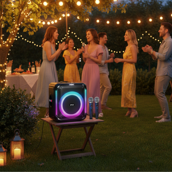 Караоке тонколона с Bluetooth, дистанционно управление и 2 безжични микрофона, 30W звук и LED светлинни ефекти