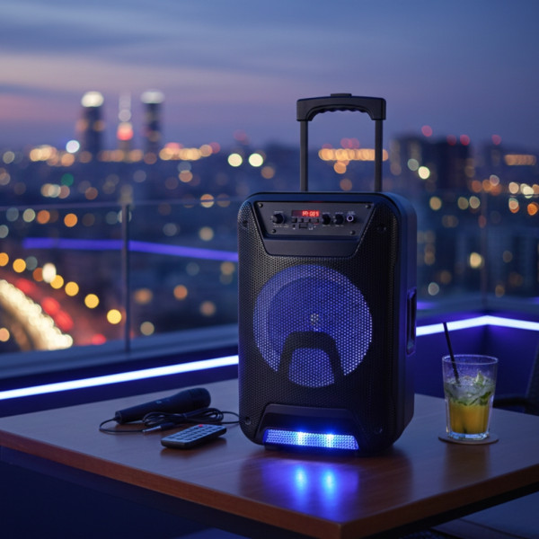 Преносима караоке тонколона - 8" говорител, LED светлина, дистанционно управление и микрофон 1