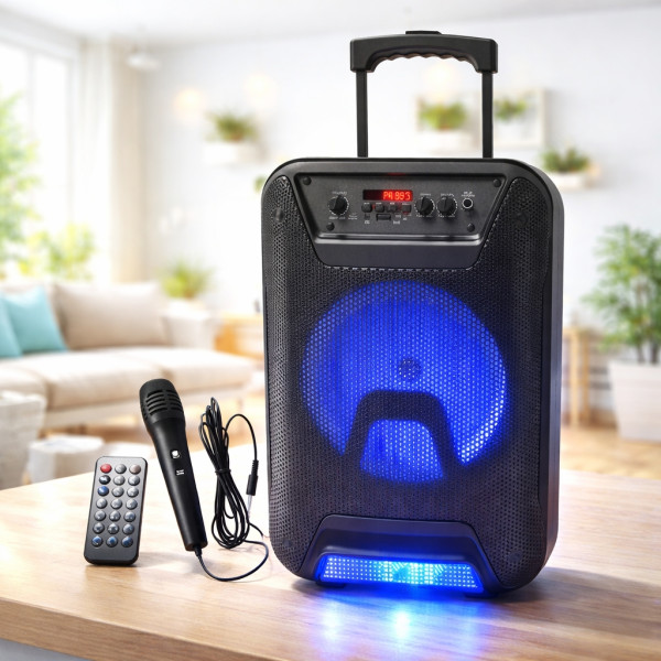 Преносима караоке тонколона - 8" говорител, LED светлина, дистанционно управление и микрофон 4