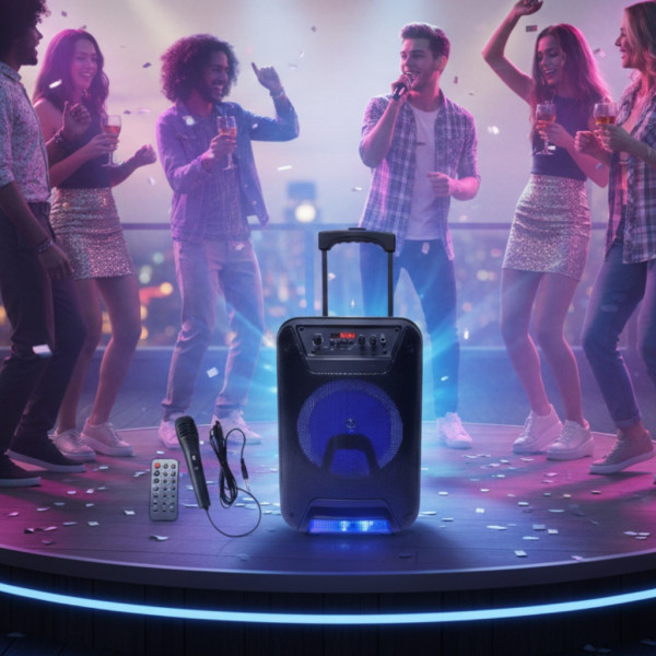 Преносима караоке тонколона - 8" говорител, LED светлина, дистанционно управление и микрофон 5