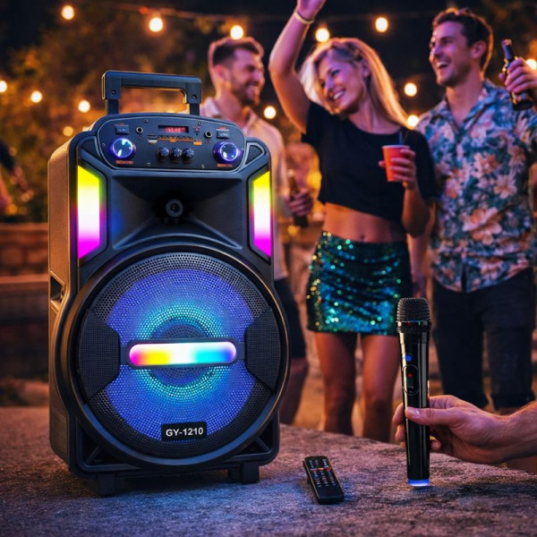 Мощна парти тонколона – двоен 8" говорител, 40W RMS, Bluetooth, караоке и LED светлини