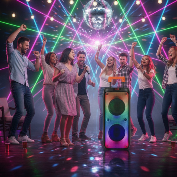 Преносима тонколона с микрофон и дистанционно управление, 40W мощност, Bluetooth, USB/SD и LED светлинни ефекти