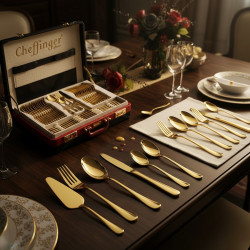 Луксозен комплект прибори Cheffinger – 72 части със сребърно/златно покритие и куфар за съхранение