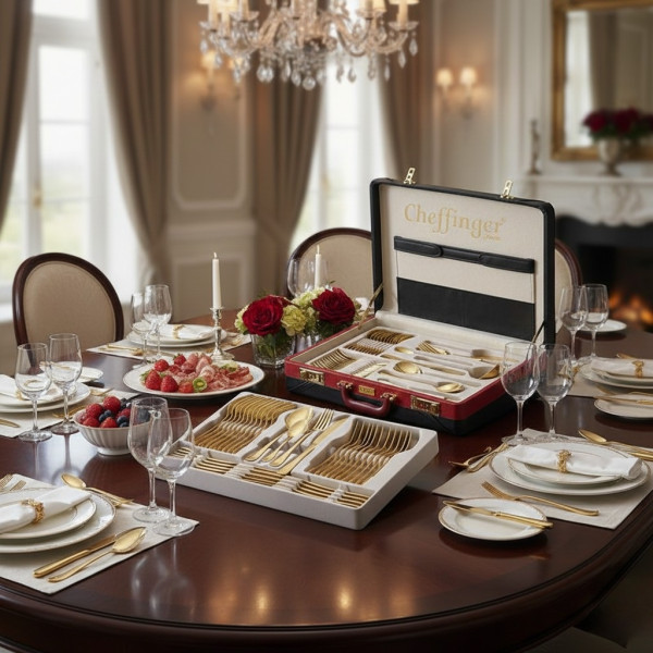 Луксозен комплект прибори Cheffinger – 72 части със сребърно/златно покритие и куфар за съхранение