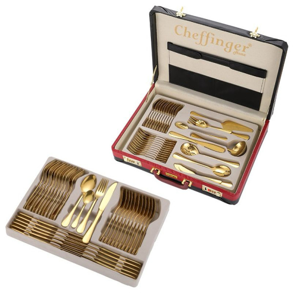 Луксозен комплект прибори Cheffinger – 72 части със сребърно/златно покритие и куфар за съхранение