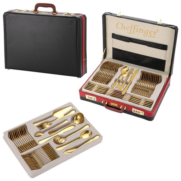 Луксозен комплект прибори Cheffinger – 72 части със сребърно/златно покритие и куфар за съхранение 11