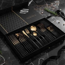 Комплект прибори за хранене от 24 части с луксозен дизайн и магнитна кутия в златисто и черно