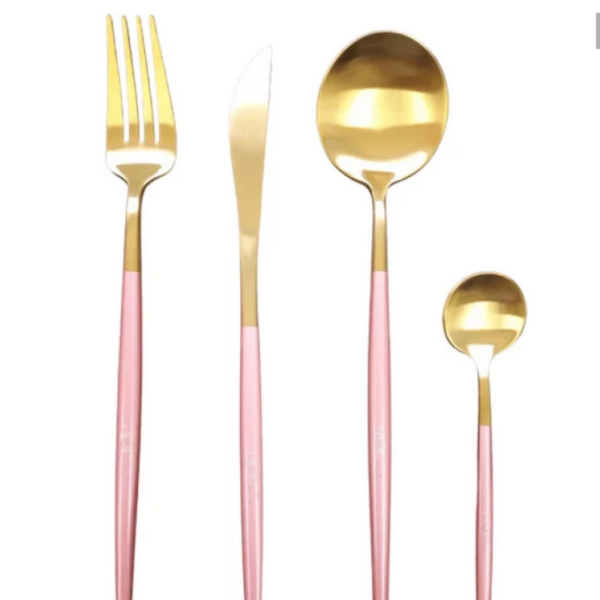 Комплект прибори за хранене от 24 части с луксозен дизайн и магнитна кутия в златисто и розово 5