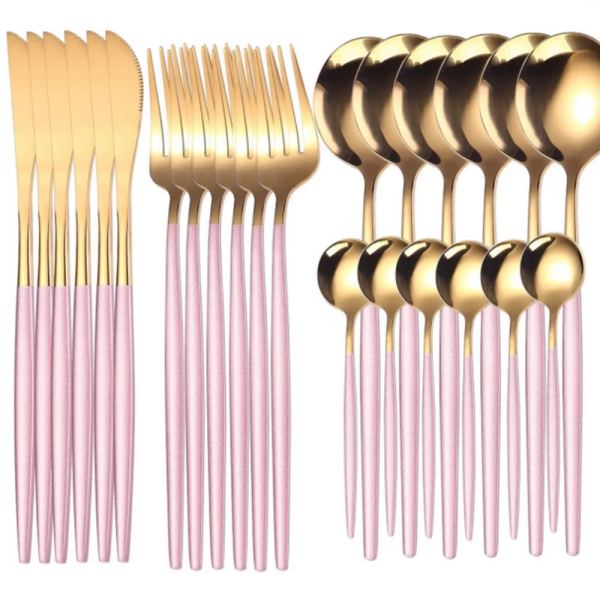 Комплект прибори за хранене от 24 части с луксозен дизайн и магнитна кутия в златисто и розово