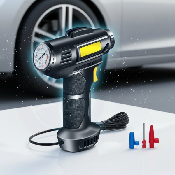 Портативен автомобилен компресор с вграден манометър и LED светлина