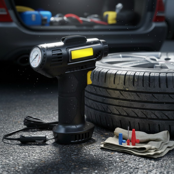 Портативен автомобилен компресор с вграден манометър и LED светлина