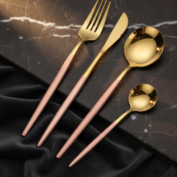 Комплект прибори за хранене от 24 части с луксозен дизайн и магнитна кутия в златисто и розово 3