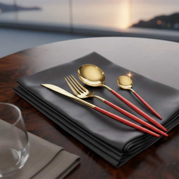 Комплект прибори за хранене от 24 части с луксозен дизайн и магнитна кутия  златисто с червено