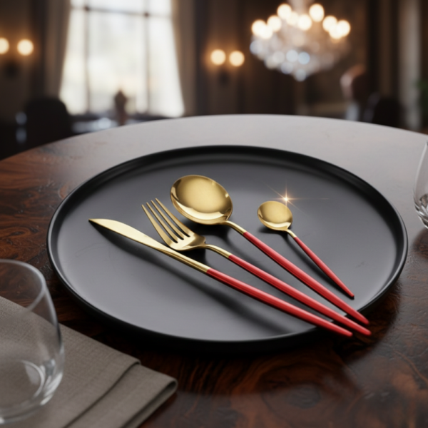 Комплект прибори за хранене от 24 части с луксозен дизайн и магнитна кутия  златисто с червено