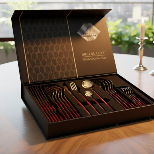 Комплект прибори за хранене от 24 части с луксозен дизайн и магнитна кутия  златисто с червено 5