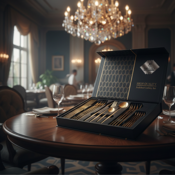 Комплект прибори за хранене в златист цвят от 24 части с луксозен дизайн и магнитна кутия 4