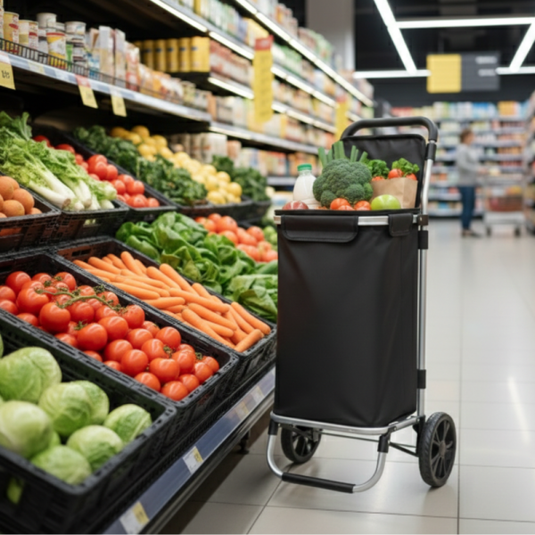 Количка за пазаруване в черен цвят – 40 л, водоустойчива, лека и удобна с 2 колела 3