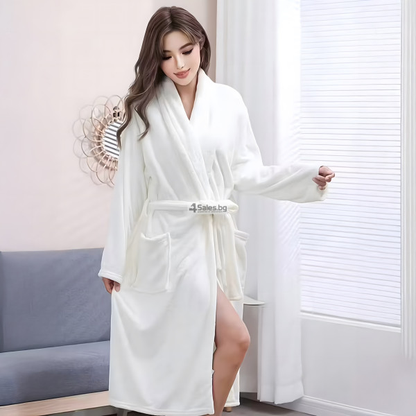Дамски хотелски халат, класически, удобен, топъл, с връзки, мек, бял 6