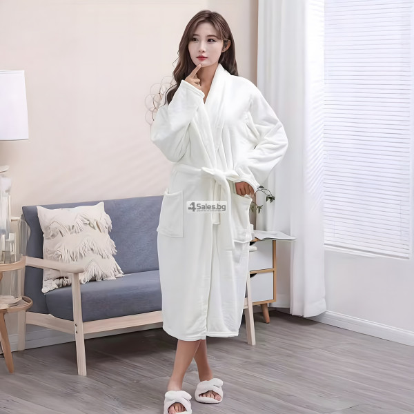 Дамски хотелски халат, класически, удобен, топъл, с връзки, мек, бял 1