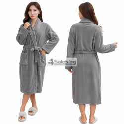 Дамски хотелски халат, класически, удобен, топъл, с връзки, мек, сив