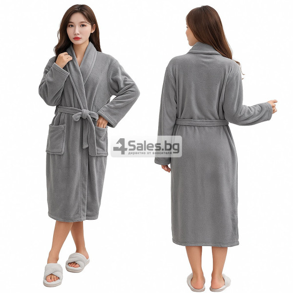 Дамски хотелски халат, класически, удобен, топъл, с връзки, мек, сив 1