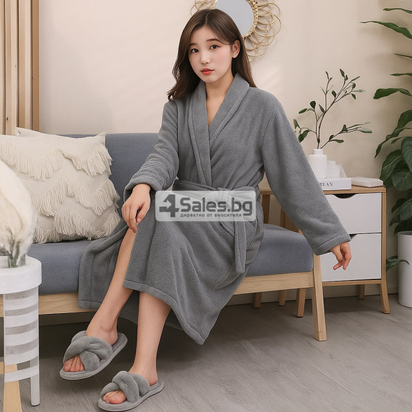 Дамски хотелски халат, класически, удобен, топъл, с връзки, мек, сив 4