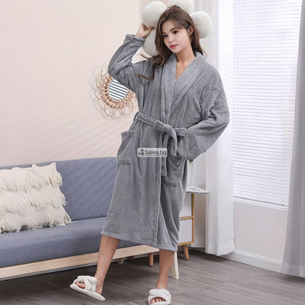 Дамски хотелски халат, класически, удобен, топъл, с връзки, мек, сив 8