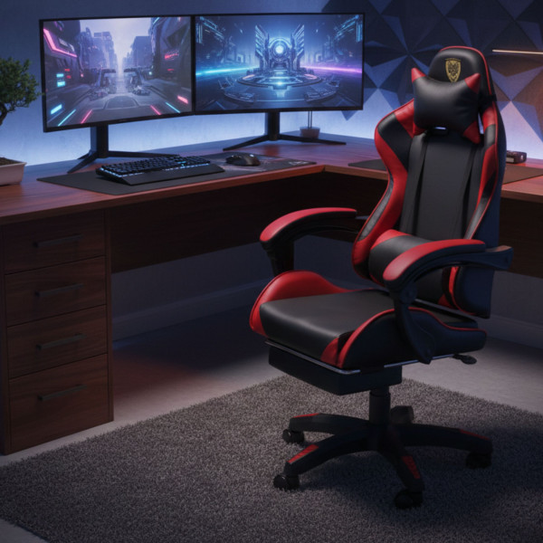 Ергономичен геймърски стол с масаж поставка за крака –  Червен цвят