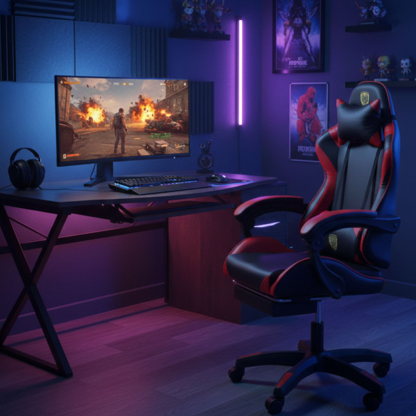 Ергономичен геймърски стол с масаж поставка за крака –  Червен цвят 4
